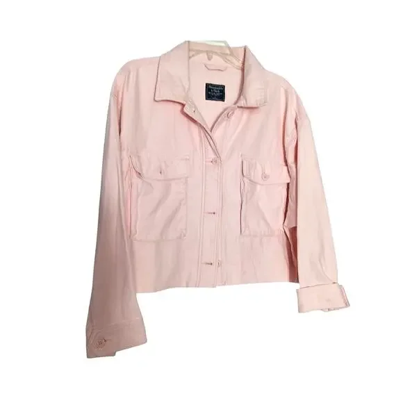 Abercrombie & Fitch Pink Denim Trucker jacket raw hem size Large - Picture 2 of 4